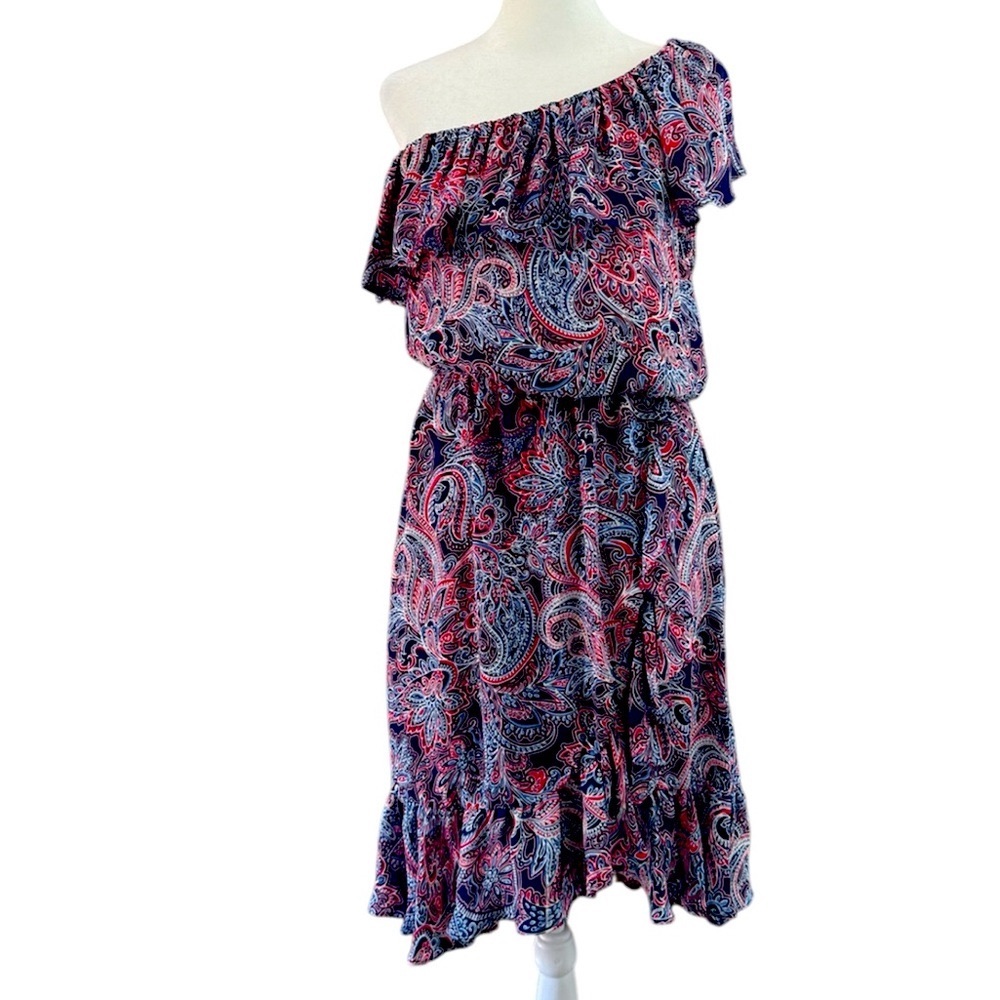 Parker- Red, White, Blue Paisley One Shoulder Dress-XS